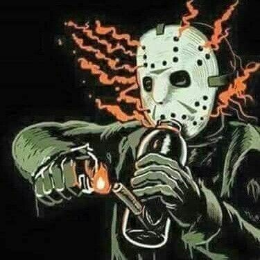 Jason from Friday the 13th toking on a makeshift bong, smoke radiation from the holes in his hockey mask