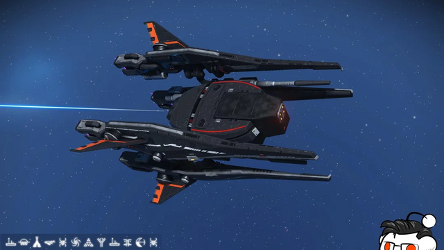 A robotic, bad-ass looking star ship in Black with orange/red accents.