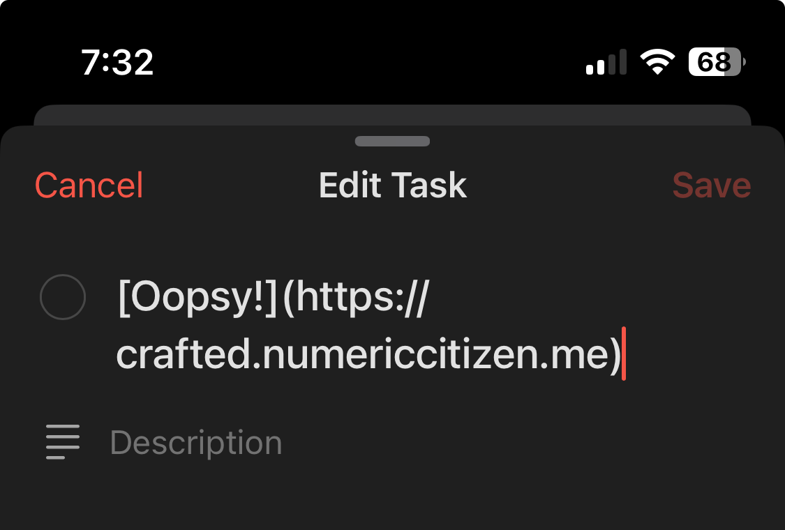 Adding Todoist task and link title shows “Oopsy!”