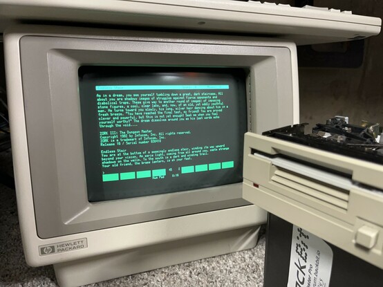 A green text screen, showing the beginning of the text adventure Zork III.
It starts:

As in a dream, you see yourself tumbling down a great, dark staircase. All about you are shadowy images of struggles against fierce opponents and diabolical traps. These give way to another round of images: of imposing stone figures, a cool, clear lake, and, now, of an old, yet oddly youthful man. He turns toward you slowly, his long, silver hair dancing about him in a fresh breeze. "You have reached the final test, my friend! You are proved clever and powerful, but this is not yet enough! Seek me when you feel yourself worthy!" The dream dissolves around you as his last words echo through the void....