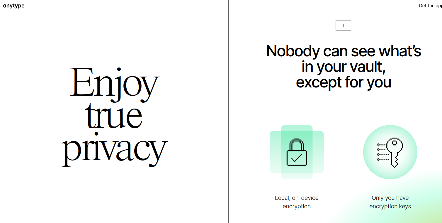 On the left: "Enjoy true privacy"  On the right: "Nobody can see what's in your vault, except for you  Local, on-device encryption. Only you have encryption keys"