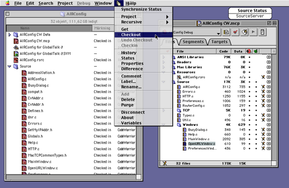 A screenshot of CodeWarrior on MacOS 9, showing the version control menu with Checkout selected