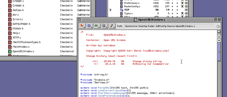 A screenshot of CodeWarrior on MacOS 9, with a checked out code file showing in the Finder with a "checked out" label, and the change history in a comment in the header of the file