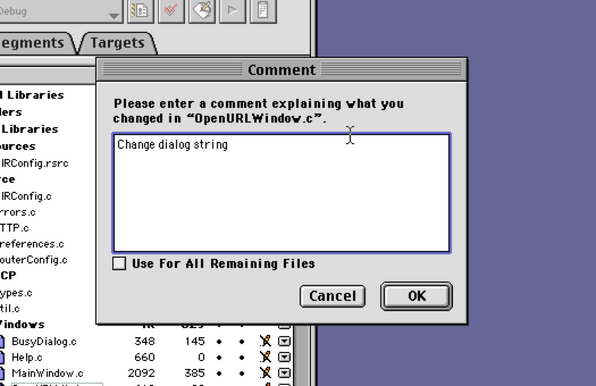 The check-in comment window in CodeWarrior on MacOS 9