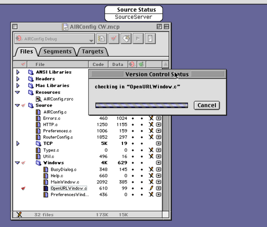 The check-in progress window in CodeWarrior on MacOS 9