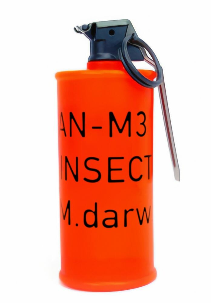 A photo of a bright orange grenade with AN-M3 INSECT M.darw(iniensis) stamped on it in black lettering. 