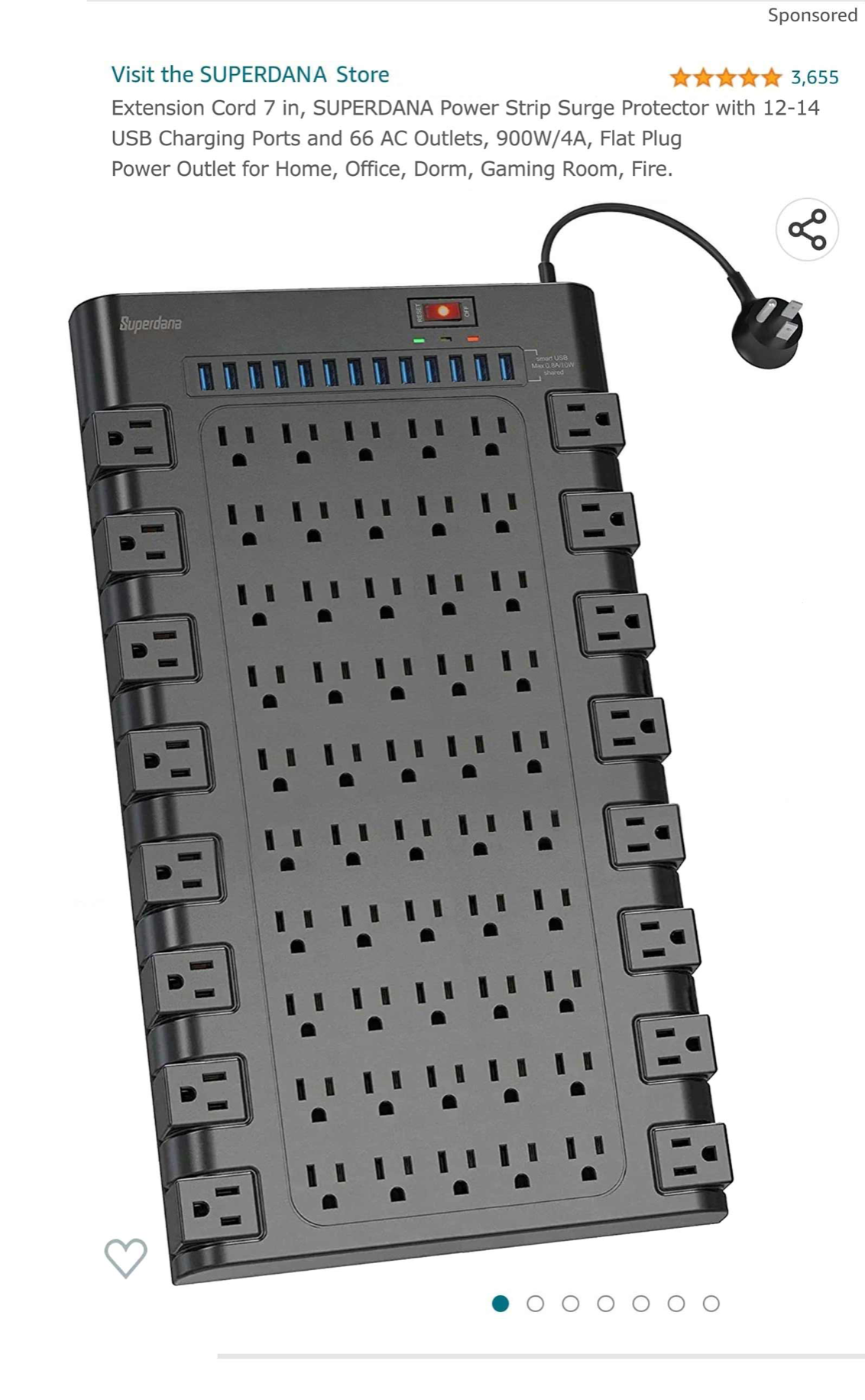 A screenshot of a SUPERDANA 66 outlet power board with 12-14 USB charging ports, 900W total, criminally thin power cable, and good for "home, Office, Dorm, Gaming Room, Fire"