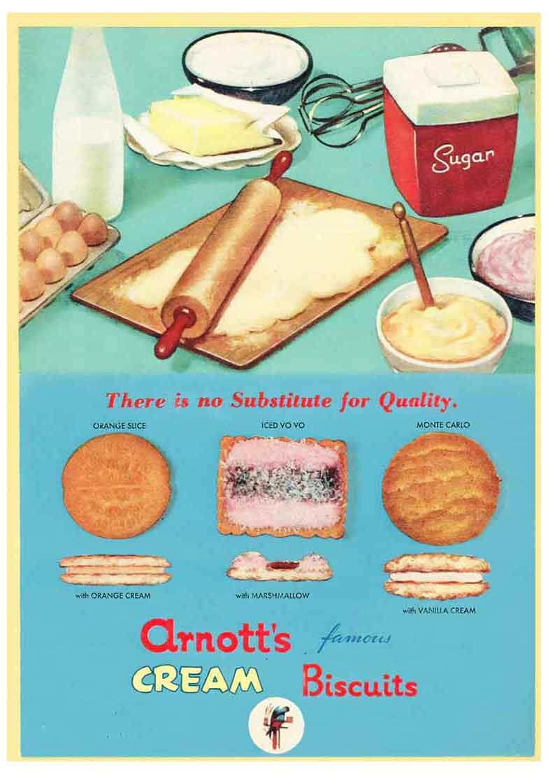 A biscuit ad from the 1950s including ICED VOVO with MARSHMALLOW, with teal imagery and typefaces from the mid century era.