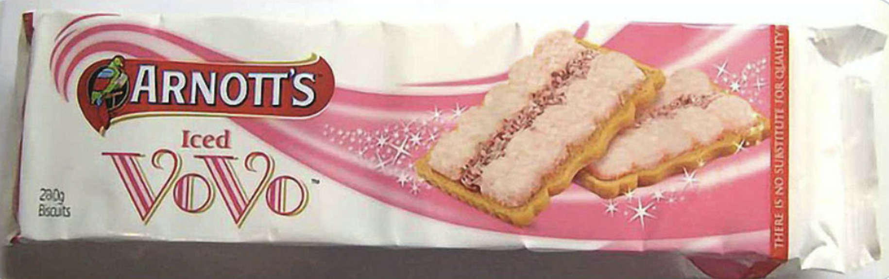 A picture of early 2000s Arnotts Iced Vovo Bikkies showing Marshmallow on the 280g packet