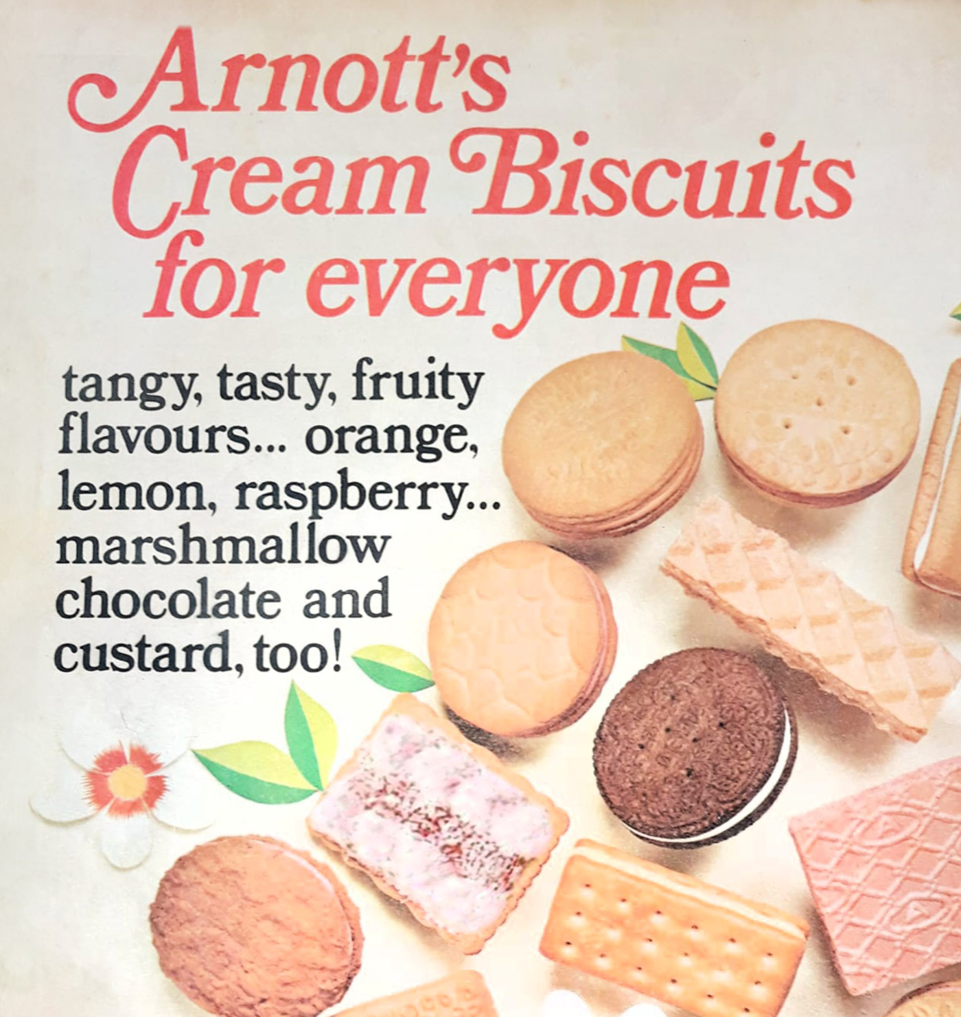 A late 1970s ad for Arnott's Cream Biscuits for everyone, with a picture of an iced vovo with marshmallow.