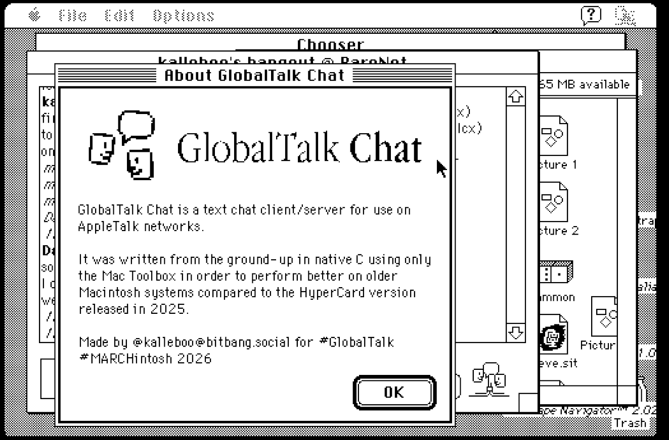 the apple menu about screen for GlobalTalk Chat, showing text information about how it was written, year and author.
