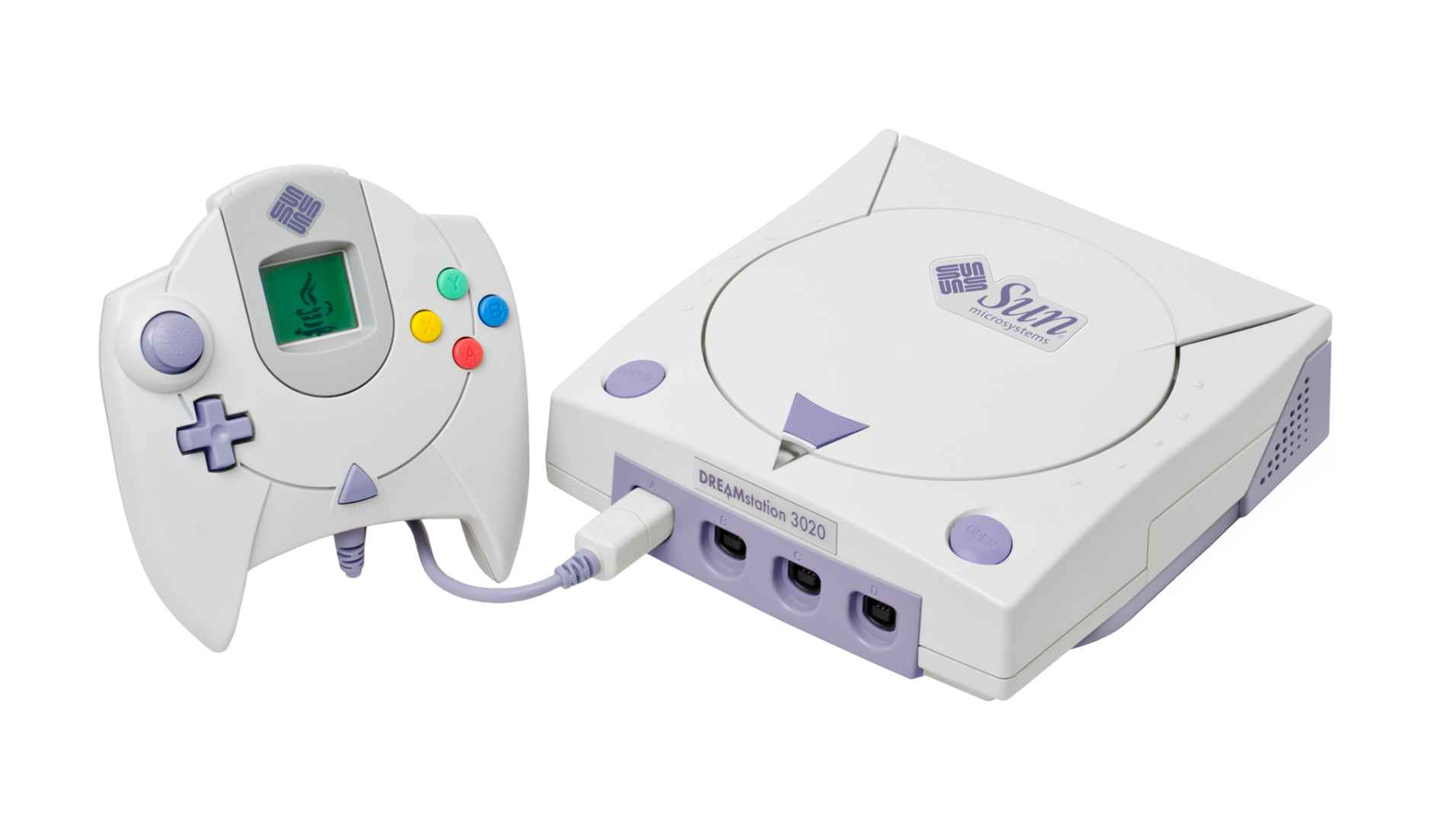 A picture of a Sun Microsystems branded gaming console branded as a Dreamstation 3020. The main device is a light grey colour, with a little monochrome screen on the controller, and purple accented buttons and logos. It looks suspiciously like something cast from a dream.