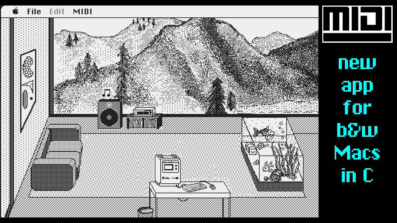 video thumbnail showing a black and white lounge in pixelated macintosh graphics. There's a big view of outside with mountains and pine trees. There's a table inside with a Macintosh Plus. There's a big aquarium with a couple of fish, some bubbles and algae. There's a couch and a speaker showing a musical note symbol indicating it's active with a turntable besides.
The words "new app for b&w Macs in C" is shown on the right side in cyan.